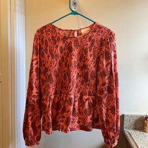 Large Coral and Brown Ruched Peplum Top